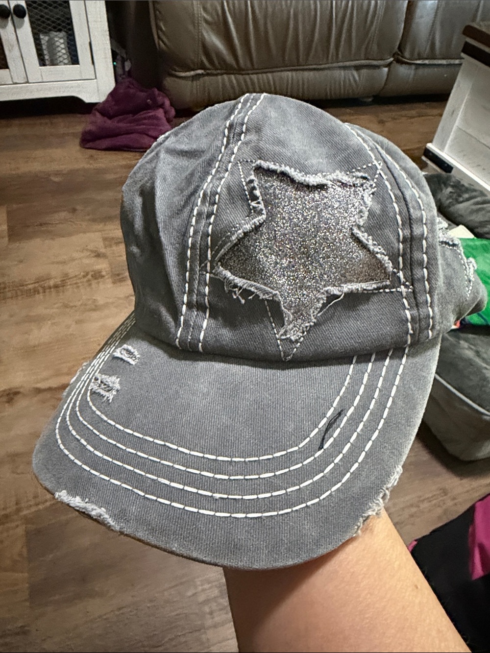 C.C Women’s Gray Distressed Baseball Hat with Glitter Star